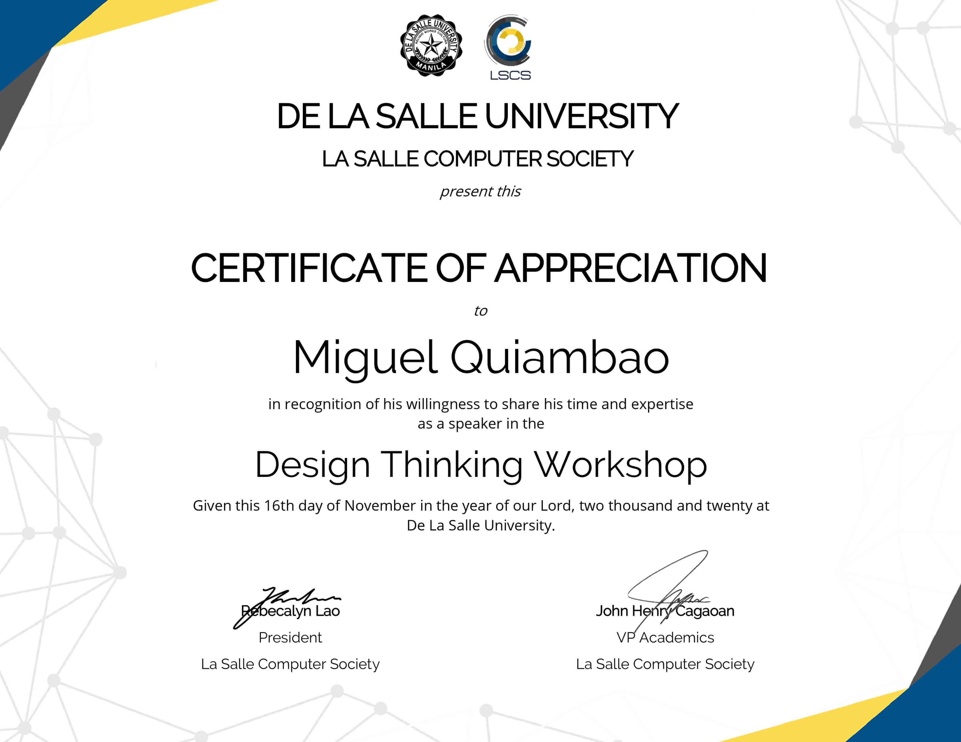 Certificate for performing Design Thinking Workshop for LSCS