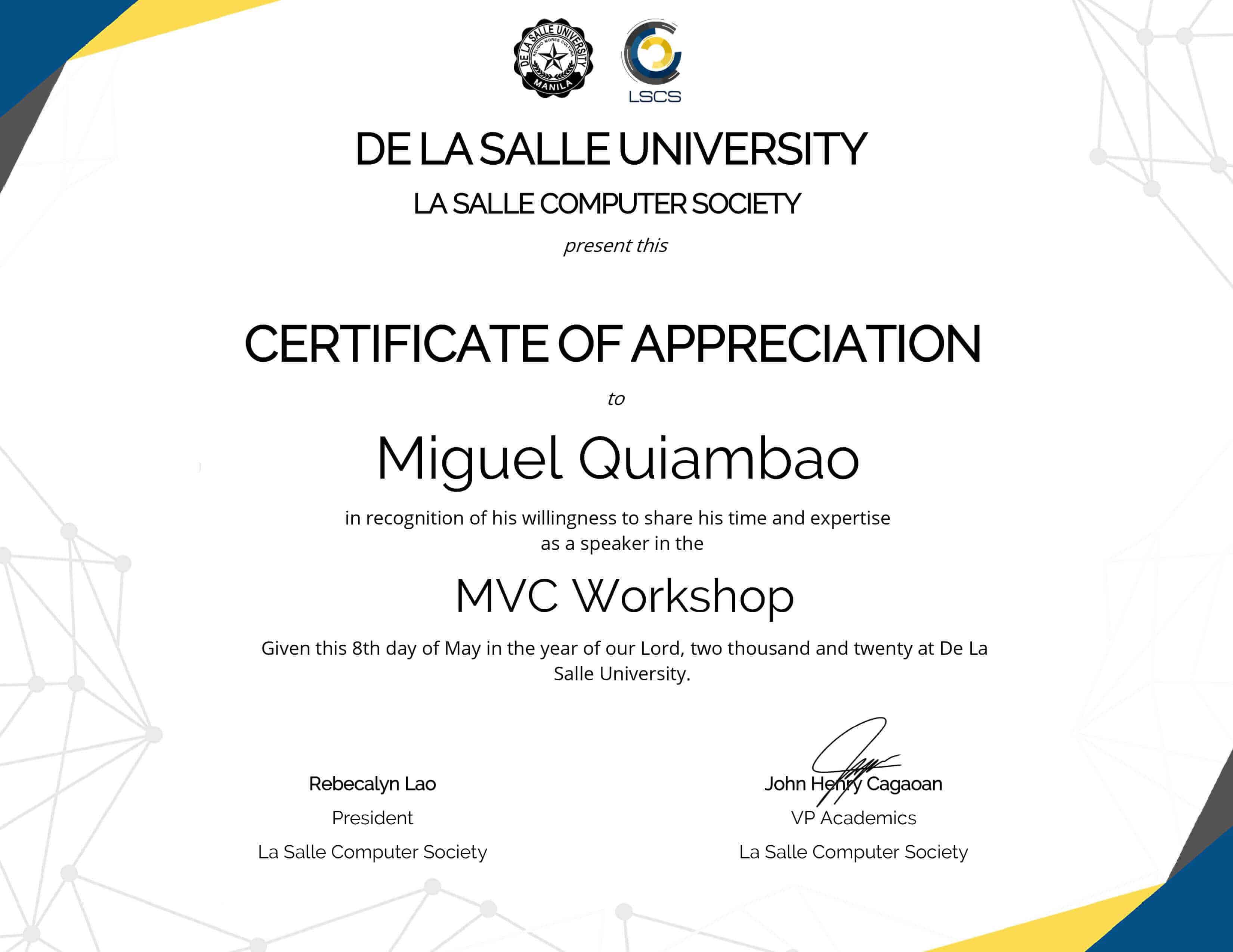 Certificate for performing MVC Workshop for LSCS