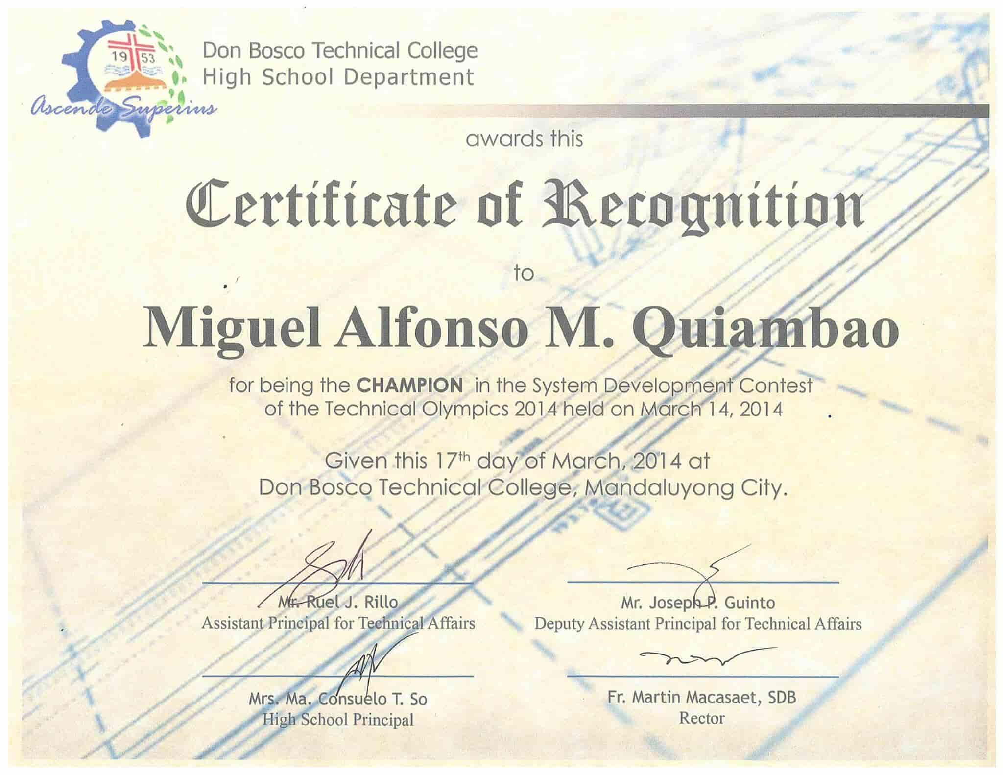 Certificate for winning DBTC Technolympics